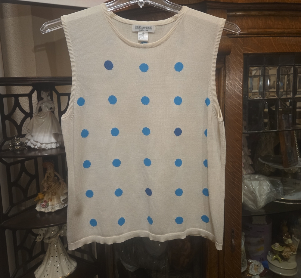 Blue Polka Dot Cream Sleeveless Knit Tank - Vintage Style